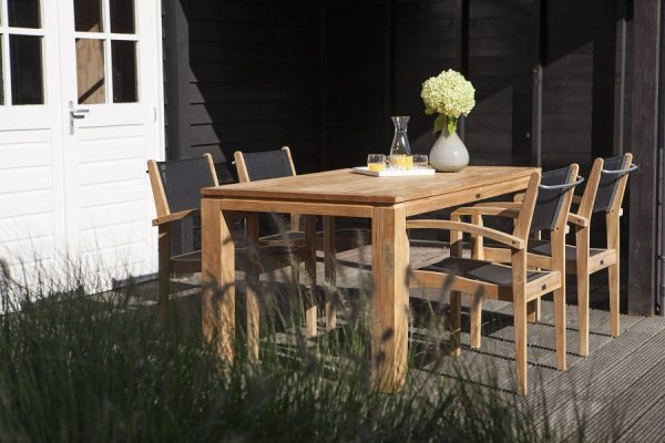 Exotan Teak tuinset 5 delig Stella tafel 160 cm Caldo stapelstoel zwart