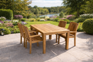 Teak Tuinset Bandung Tuintafel en 4 Teak Stapelstoelen Sabah