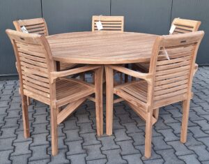 Teak Tuintafel Kruispoot Ø150 met 5 Langkawi Tuinstoelen