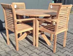 Teak Tuintafel Kruispoot Ø120 cm met 4 Langkawi Tuinstoelen
