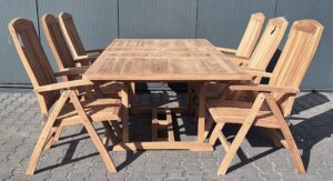 Teak.nl Tuinset Uitschuiftafel 180–240 cm met 6 Bali verstelbare tuinstoelen