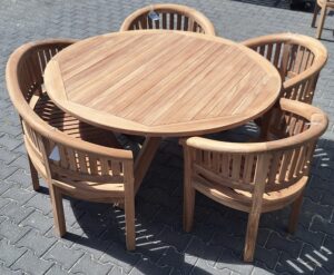 Tuinset Kruispoot Tuintafel 150 cm, Bananenbank en 3 Bananen Tuinstoelen